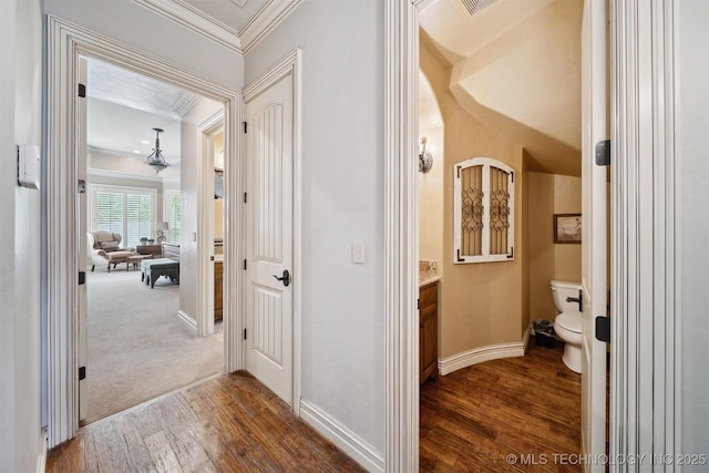 5912 E 119th St, Tulsa, OK 74137 - corridor with ornamental molding, dark wood-style floors, and baseboards