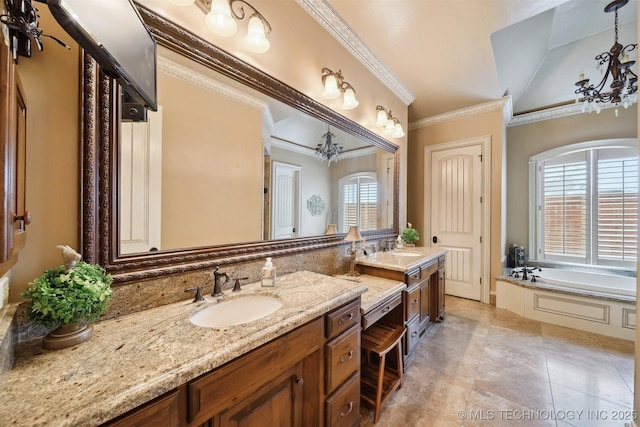 5912 E 119th St, Tulsa, OK 74137 - full bathroom with vanity, crown molding, a garden tub, a chandelier, and tile patterned flooring