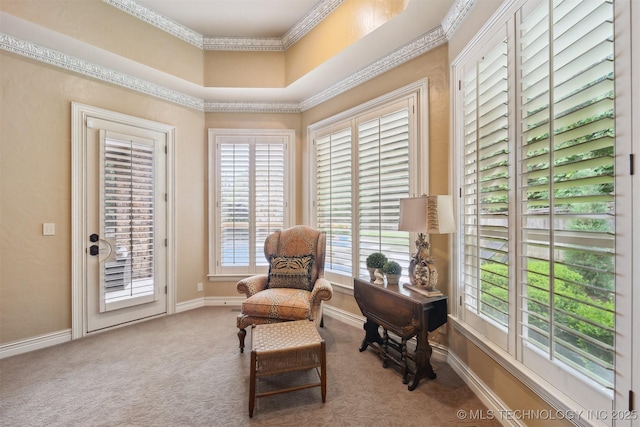 5912 E 119th St, Tulsa, OK 74137 - living area featuring crown molding, plenty of natural light, carpet, and baseboards