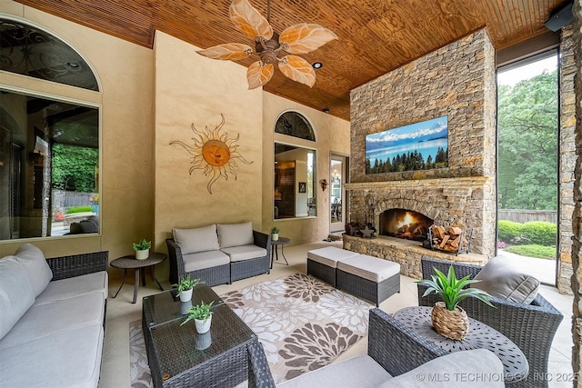 5912 E 119th St, Tulsa, OK 74137 - view of patio / terrace featuring an outdoor living space with a fireplace and ceiling fan