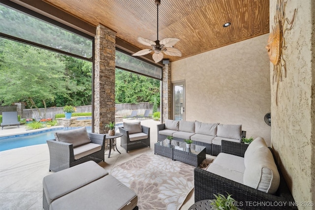 5912 E 119th St, Tulsa, OK 74137 - fenced backyard featuring outdoor lounge area, ceiling fan, and a patio area