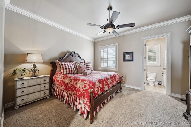 5912 E 119th St, Tulsa, OK 74137 - bedroom with ornamental molding, carpet flooring, baseboards, ensuite bath, and ceiling fan