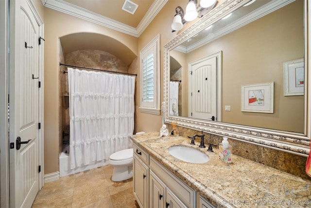 5912 E 119th St, Tulsa, OK 74137 - bathroom with vanity, ornamental molding, toilet, shower / bath combination with curtain, and tile patterned floors