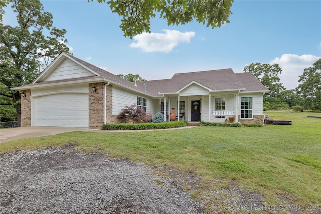 11587 W 86th St S, Sapulpa, OK 74066 - ranch-style house featuring concrete driveway, a porch, brick siding, a garage, and a front yard
