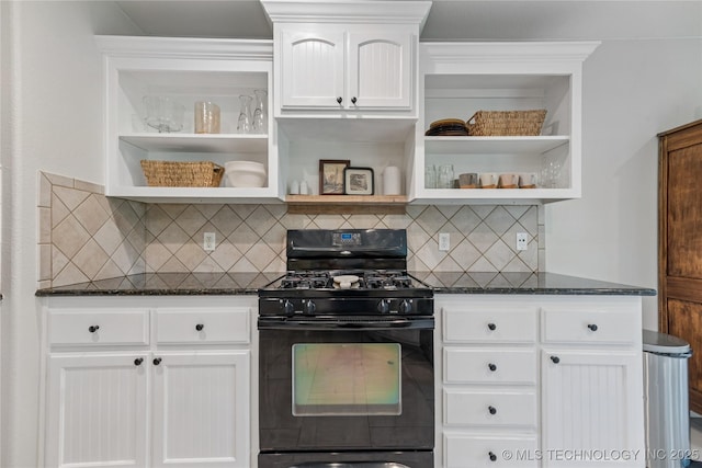 11587 W 86th St S, Sapulpa, OK 74066 - kitchen featuring open shelves, black gas stove, dark stone counters, white cabinets, and backsplash
