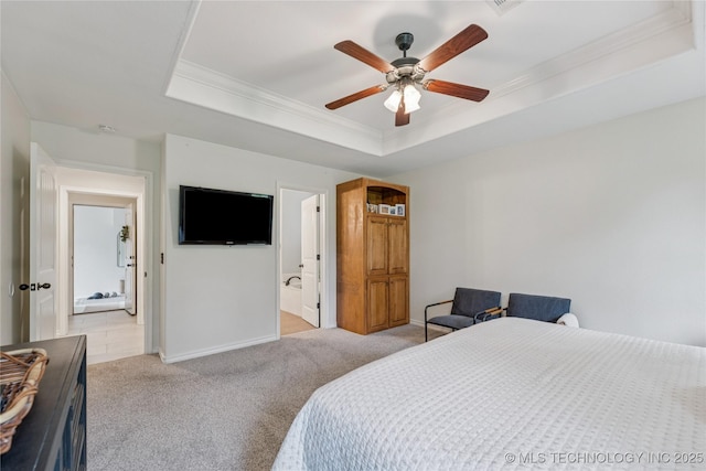 11587 W 86th St S, Sapulpa, OK 74066 - bedroom featuring a raised ceiling, light carpet, crown molding, a ceiling fan, and baseboards