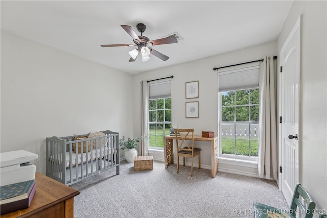 11587 W 86th St S, Sapulpa, OK 74066 - bedroom featuring carpet floors, a desk, a nursery area, ceiling fan, and baseboards