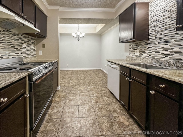 2213 E 67th St Unit 1405, Tulsa, OK 74136 - kitchen with black range with electric cooktop, white dishwasher, a sink, crown molding, and tasteful backsplash