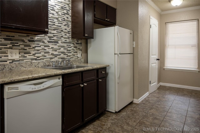 2213 E 67th St Unit 1405, Tulsa, OK 74136 - kitchen featuring white appliances, a sink, crown molding, decorative backsplash, and dark brown cabinets