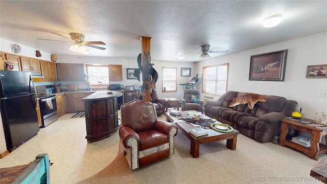 10815 State Highway 19, Ada, OK 74820 - living area featuring ceiling fan, a textured ceiling, and light carpet