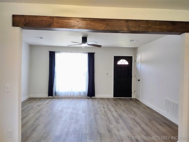 1400 NE 3rd St, Pryor, OK 74361 - entryway featuring wood finished floors, baseboards, beam ceiling, and a ceiling fan
