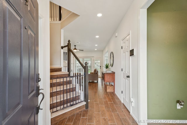 19804 E 45th St S, Broken Arrow, OK 74014 - entryway featuring recessed lighting, stairs, dark wood finished floors, baseboards, and ceiling fan