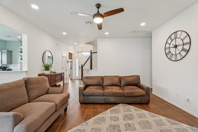 19804 E 45th St S, Broken Arrow, OK 74014 - living area with ceiling fan, recessed lighting, dark wood finished floors, stairs, and baseboards