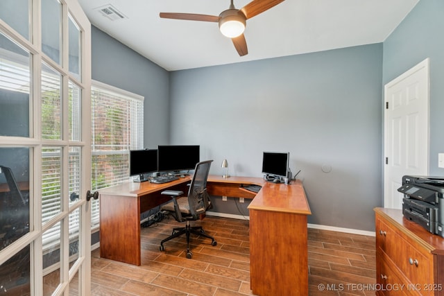 19804 E 45th St S, Broken Arrow, OK 74014 - office with baseboards, a ceiling fan, wood finish floors, and french doors