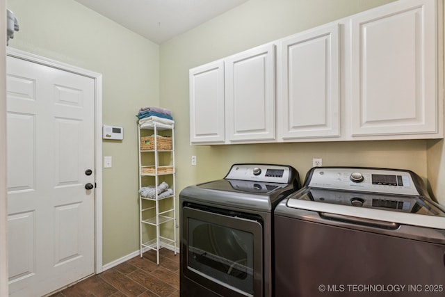 19804 E 45th St S, Broken Arrow, OK 74014 - laundry room featuring cabinet space, washer and clothes dryer, dark wood finished floors, and baseboards