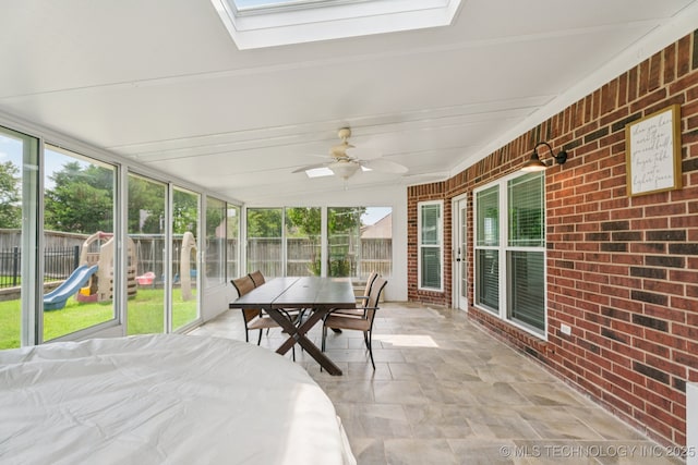 19804 E 45th St S, Broken Arrow, OK 74014 - sunroom with a ceiling fan, a skylight, and outdoor dining area