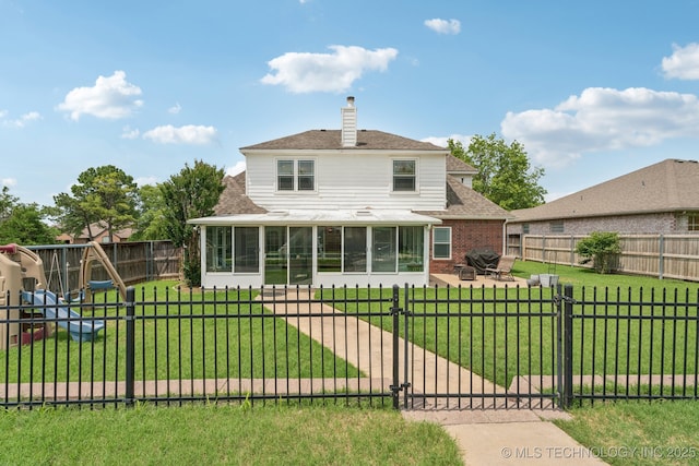 19804 E 45th St S, Broken Arrow, OK 74014 - rear view of house with a sunroom, a chimney, a playground, roof with shingles, and a gate