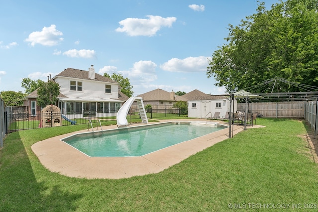 19804 E 45th St S, Broken Arrow, OK 74014 - view of swimming pool featuring a water slide, a gazebo, a playground, and an outbuilding