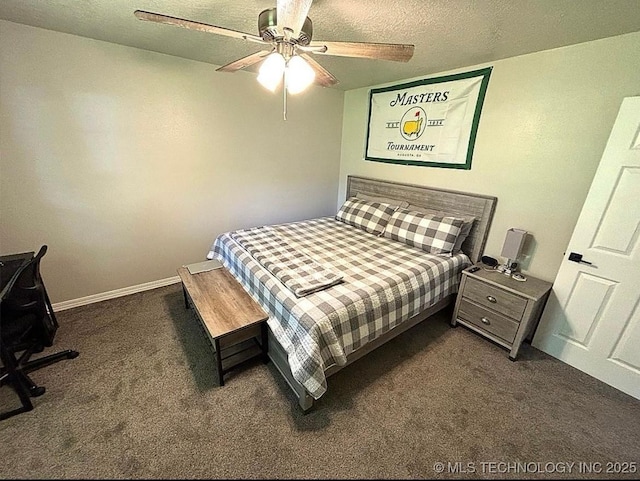 3109 Buffalo Ln, Grove, OK 74344 - bedroom featuring dark colored carpet, a ceiling fan, a textured ceiling, and baseboards