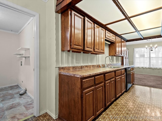 512 W 20th, Bartlesville, OK 74003 - kitchen with dishwasher, a sink, a chandelier, baseboards, and ornamental molding