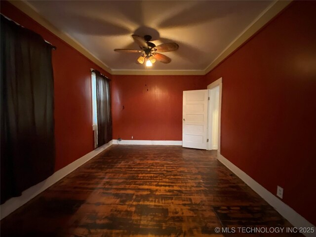 1501 E Okmulgee St, Muskogee, OK 74403 - empty room with a ceiling fan, ornamental molding, baseboards, and dark wood finished floors