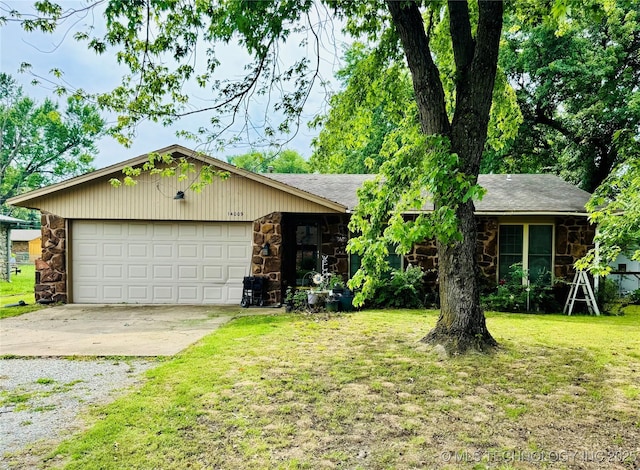 14009 S 295th E Ave, Coweta, OK 74429 - view of front facade featuring stone siding, concrete driveway, a garage, a front yard, and a shingled roof