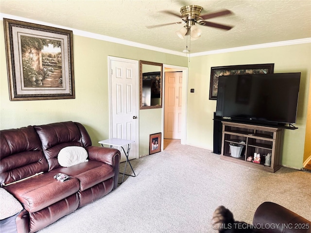 14009 S 295th E Ave, Coweta, OK 74429 - carpeted living room featuring a ceiling fan, a textured ceiling, and crown molding