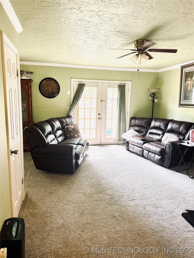 14009 S 295th E Ave, Coweta, OK 74429 - living area featuring carpet flooring, ceiling fan, french doors, ornamental molding, and a textured ceiling