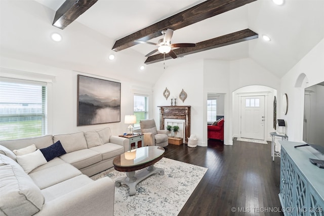 2621 S Catalayah Ln, Claremore, OK 74019 - living room with healthy amount of natural light, ceiling fan, dark wood-type flooring, and recessed lighting