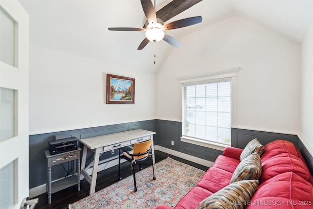 2621 S Catalayah Ln, Claremore, OK 74019 - home office featuring wainscoting, wood finished floors, ceiling fan, and lofted ceiling