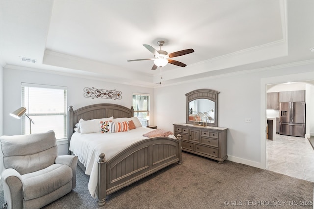 2621 S Catalayah Ln, Claremore, OK 74019 - bedroom with stainless steel fridge with ice dispenser, a raised ceiling, crown molding, baseboards, and ceiling fan