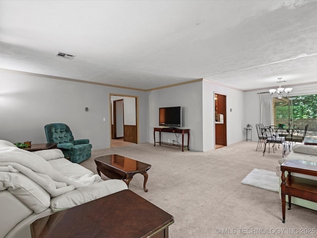 1800 SE Polaris Dr, Bartlesville, OK 74006 - living room with a chandelier, light carpet, and crown molding
