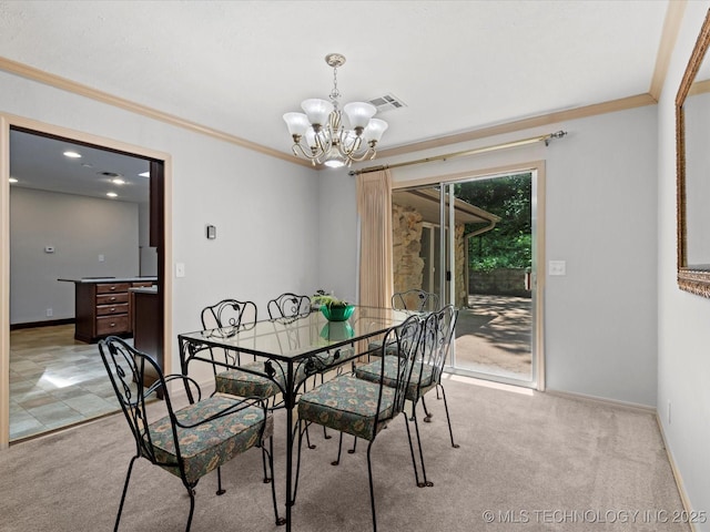 1800 SE Polaris Dr, Bartlesville, OK 74006 - dining space with crown molding, a chandelier, and light colored carpet