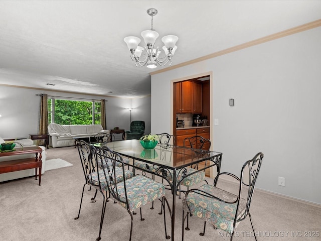 1800 SE Polaris Dr, Bartlesville, OK 74006 - dining space featuring light carpet, a chandelier, and crown molding