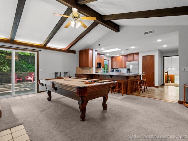 1800 SE Polaris Dr, Bartlesville, OK 74006 - playroom featuring recessed lighting, light colored carpet, a ceiling fan, billiards, and light tile patterned flooring