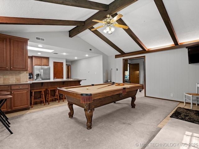 1800 SE Polaris Dr, Bartlesville, OK 74006 - playroom with billiards, ceiling fan, light tile patterned flooring, recessed lighting, and light colored carpet