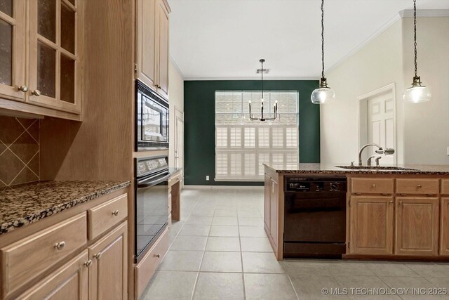 9926 S 79th E Ave, Tulsa, OK 74133 - kitchen with black appliances, crown molding, decorative backsplash, a sink, and dark stone counters