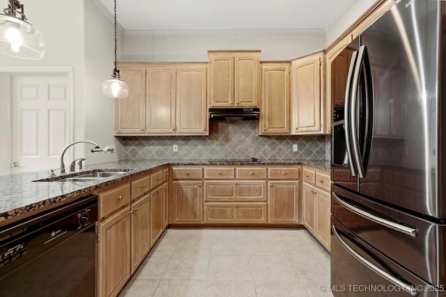 9926 S 79th E Ave, Tulsa, OK 74133 - kitchen with black appliances, a sink, dark stone countertops, crown molding, and backsplash