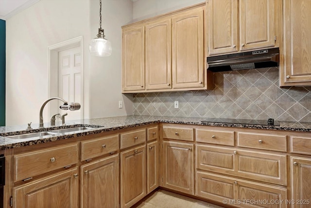 9926 S 79th E Ave, Tulsa, OK 74133 - kitchen featuring under cabinet range hood, a sink, dark stone countertops, tasteful backsplash, and hanging light fixtures
