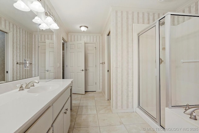 9926 S 79th E Ave, Tulsa, OK 74133 - full bathroom with wallpapered walls, ornamental molding, vanity, a stall shower, and tile patterned flooring