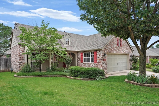 9926 S 79th E Ave, Tulsa, OK 74133 - cape cod-style house with brick siding, a garage, concrete driveway, and a shingled roof