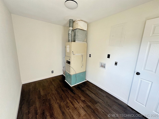 26037 S 520th Rd, Park Hill, OK 74451 - laundry room with hookup for an electric dryer, hookup for a washing machine, dark wood-style flooring, and baseboards