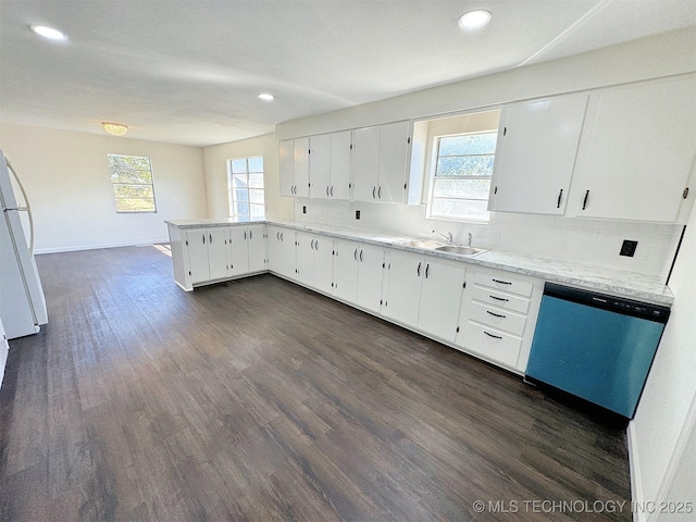 26037 S 520th Rd, Park Hill, OK 74451 - kitchen featuring dishwashing machine, freestanding refrigerator, a peninsula, dark wood finished floors, and recessed lighting