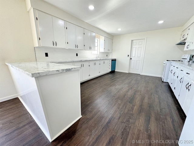 26037 S 520th Rd, Park Hill, OK 74451 - kitchen with under cabinet range hood, white gas stove, white cabinets, light countertops, and dark wood-type flooring