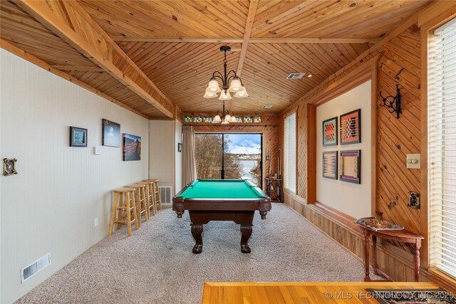 31401 S 620th Rd, Grove, OK 74344 - recreation room featuring carpet floors, wooden ceiling, a chandelier, billiards, and wooden walls