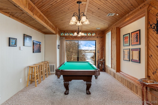 31401 S 620th Rd, Grove, OK 74344 - rec room featuring a chandelier, carpet flooring, wooden ceiling, wooden walls, and pool table
