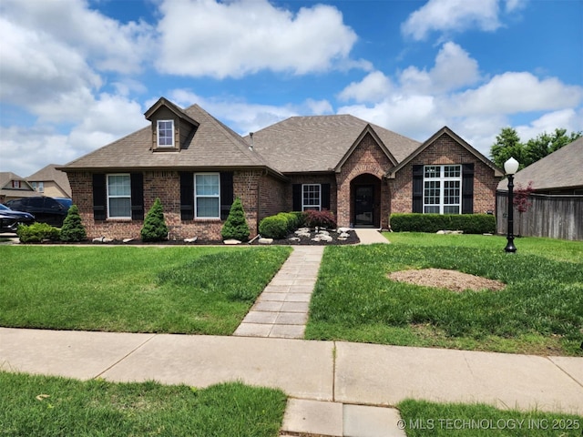 14201 E 101st St, Owasso, OK 74055 - view of front of home featuring brick siding, a front lawn, and a shingled roof