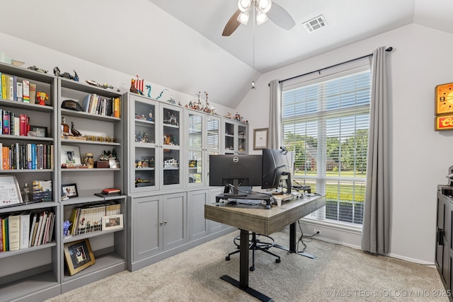 14201 E 101st St, Owasso, OK 74055 - carpeted office space with vaulted ceiling, ceiling fan, and plenty of natural light