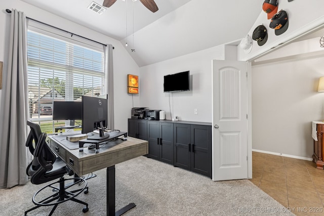 14201 E 101st St, Owasso, OK 74055 - office featuring lofted ceiling, a ceiling fan, baseboards, and light tile patterned floors