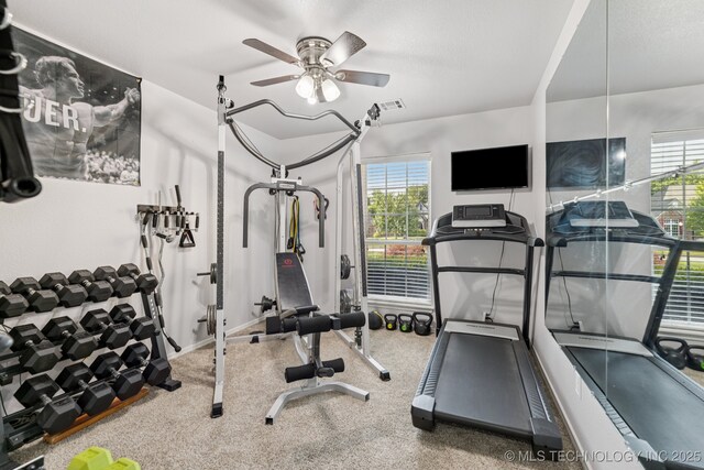 14201 E 101st St, Owasso, OK 74055 - workout area with ceiling fan, carpet flooring, and baseboards